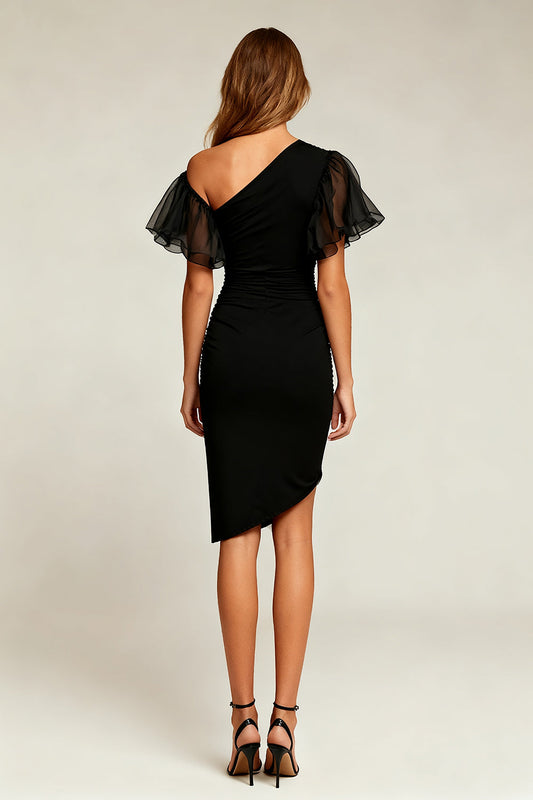 Black Asymmetrical Short Tight Cocktail Dress with Sleeves