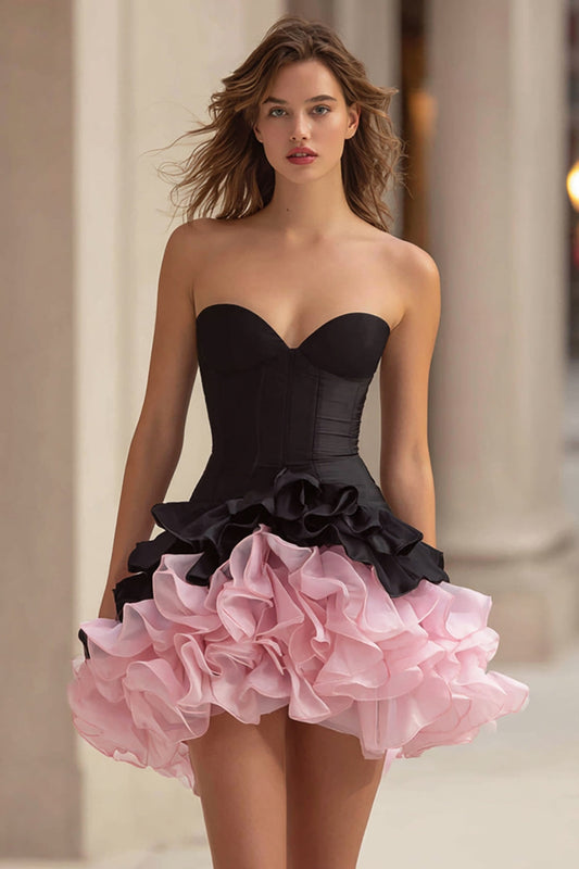 Black and Pink Satin Sweetheart A Line Tiered Corset Short Cocktail Dress