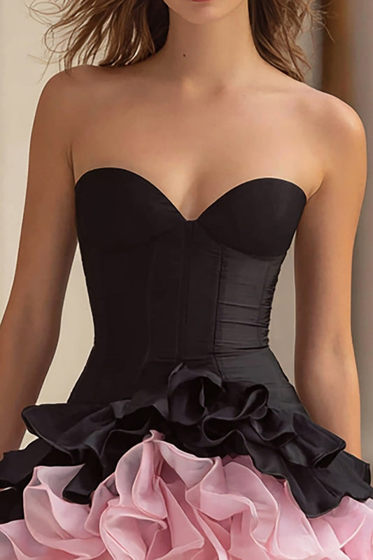 Black and Pink Satin Sweetheart A Line Tiered Corset Short Cocktail Dress
