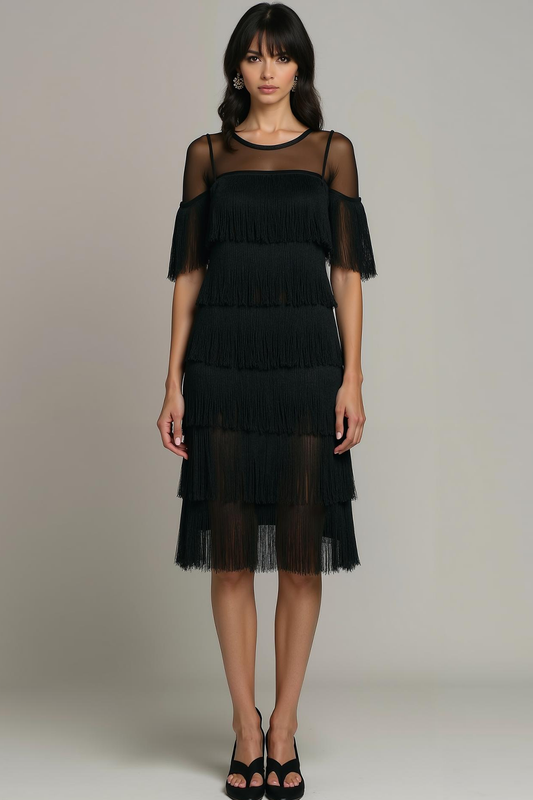 Black Fringed Tiered Round Neck Short Cocktail Dress