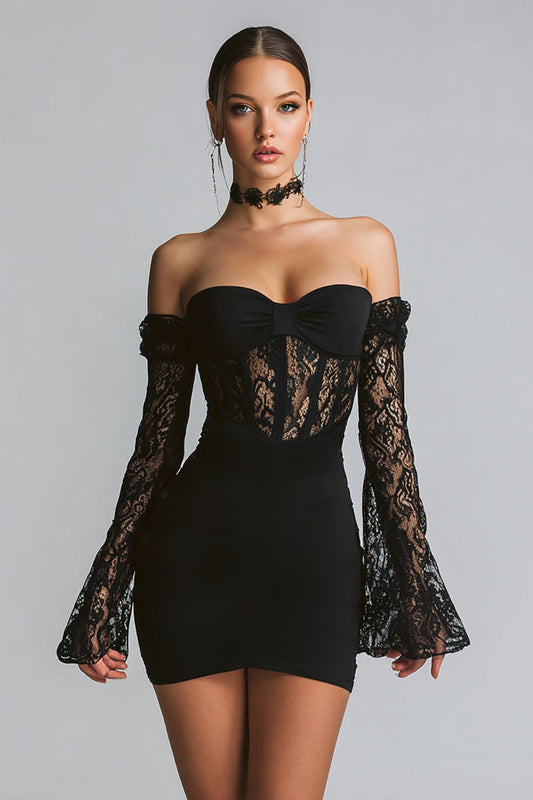 Black Bodycon Corset Short Cocktail Dress with Lace