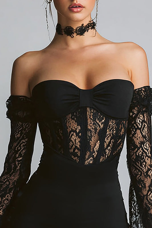 Black Bodycon Corset Short Cocktail Dress with Lace